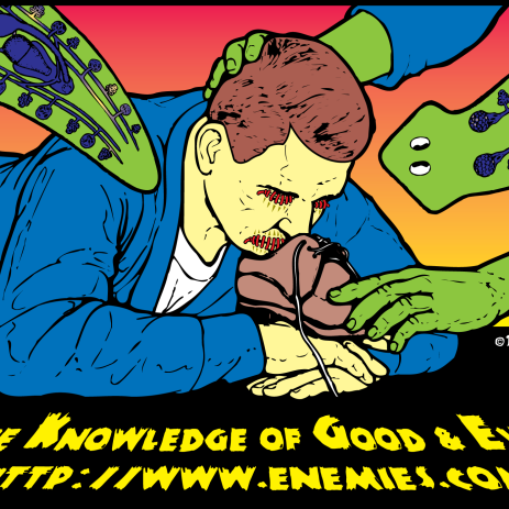  "Then the one who is wiser than all of them, this one who was called "the beast," came. And when he saw the likeness of their mother, Eve, he said to her, "What is it that God said to you? 'Don't eat from the Tree of Knowledge'?"

She said, "He not only said 'Don't eat from it,' but 'Don't touch it lest you die.' "

He said to her, "Don't be afraid! You certainly shall not die. For he knows that when you eat from it your mind will be sobered and you will become like God, knowing the distinctions which exist between evil and good men. For he said this to you, lest you eat from it, since he is jealous."

”On the Origin of the World.” The Other Bible. Ed. Willis Barnstone. Harper San Francisco, 1984. 71.

<i>This picture shows the gnostic symbol of the universe - the ouroboros, a vast cosmic serpent devouring it's own tail. 

Here the serpent is taking a break from its' steady diet of tail to force a man to smell a dirty old shoe. The man in question stubbornly refuses to recognize the cyclical nature of existence - thus he must rely on his sense of smell, the source of humanity's oldest and most powerful memories. We can only hope that he will some day awaken. </i>